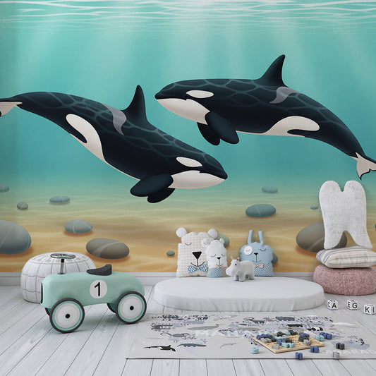 Kids-Mundo orca duo wall mural fitted to a kids' bedroom wall above the bed.