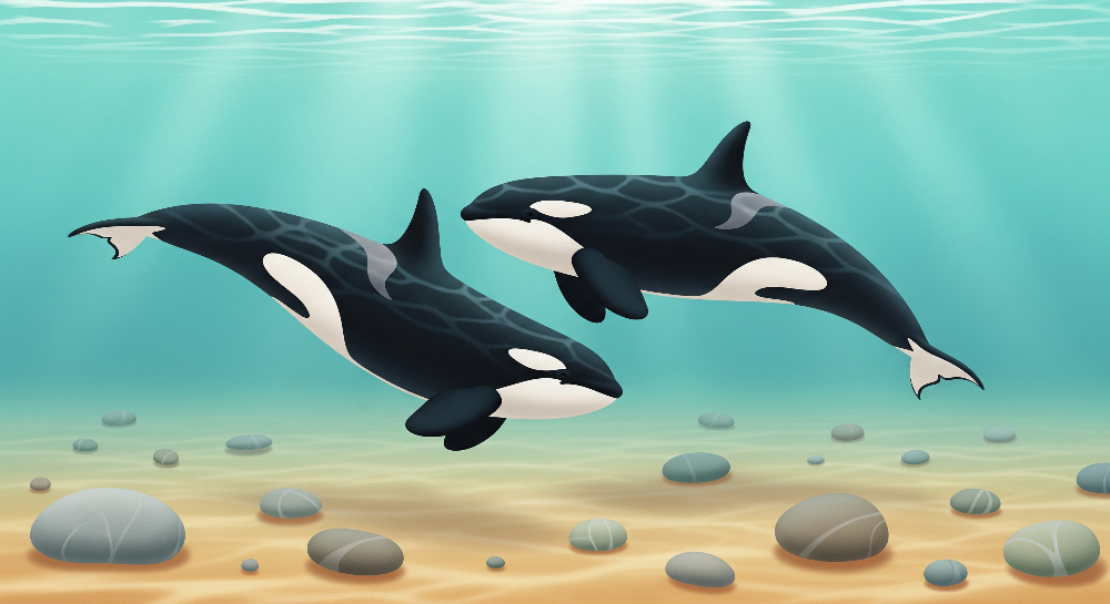 Orca Duo Swimming Over a Pebbled Seabed Wall Mural