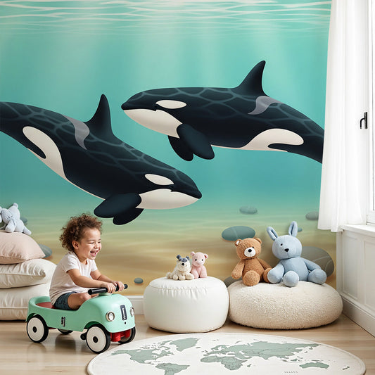 Kids-Mundo underwater orca wall mural in a bright turquoise nursery setting.