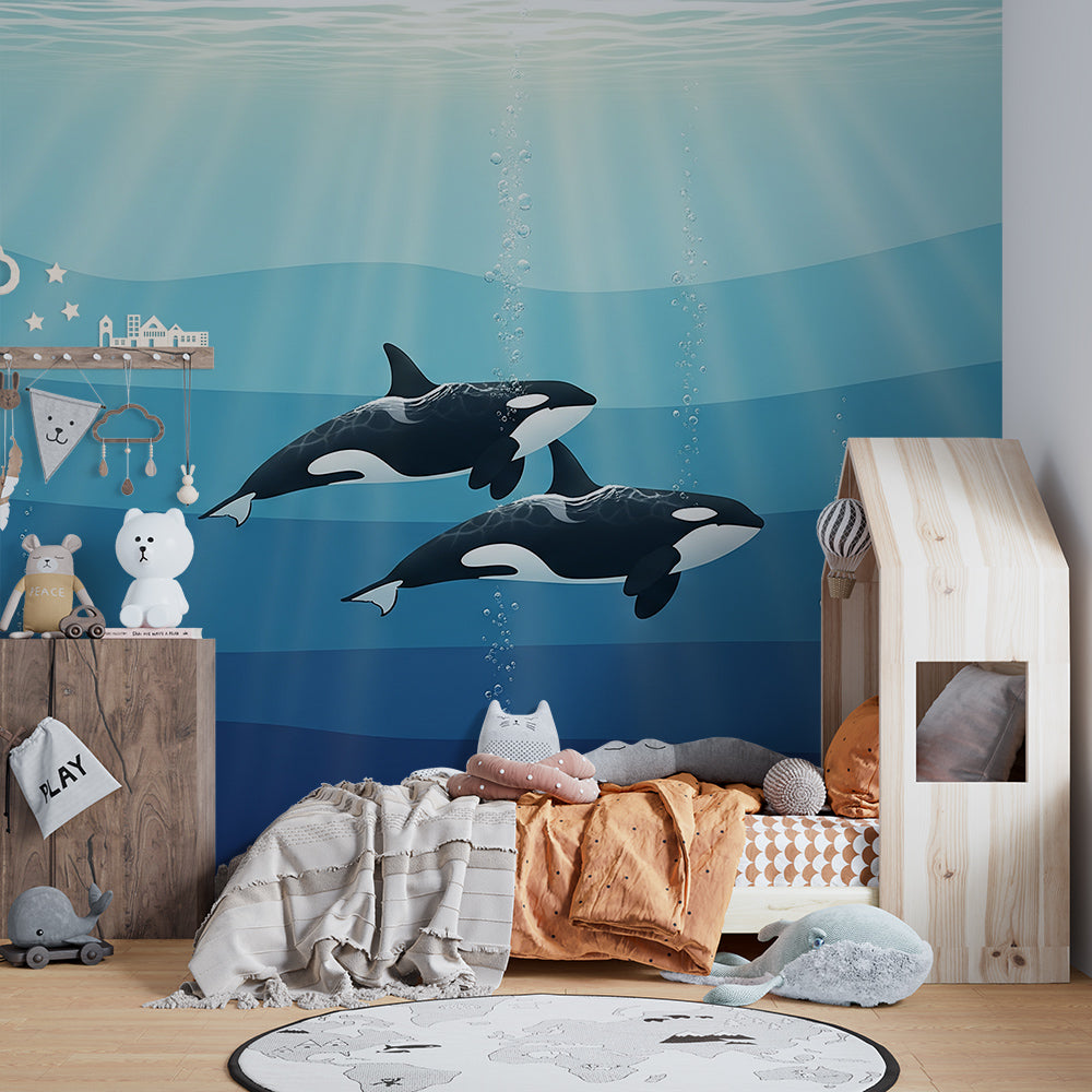 Kids-Mundo orca wall mural as a feature wall behind the bed in a child's ocean bedroom