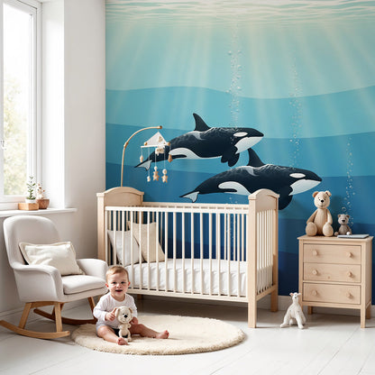 Kids-Mundo orca wall mural of two orcas diving through blue light in a calm baby nursery
