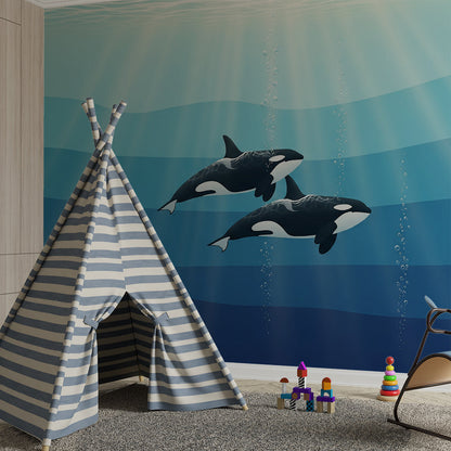Kids-Mundo orca wall mural covering a feature wall in a bright children's playroom