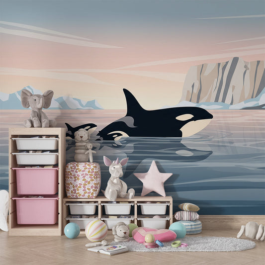 Kids-Mundo orca family wall mural as a feature wall in a child's calming bedroom