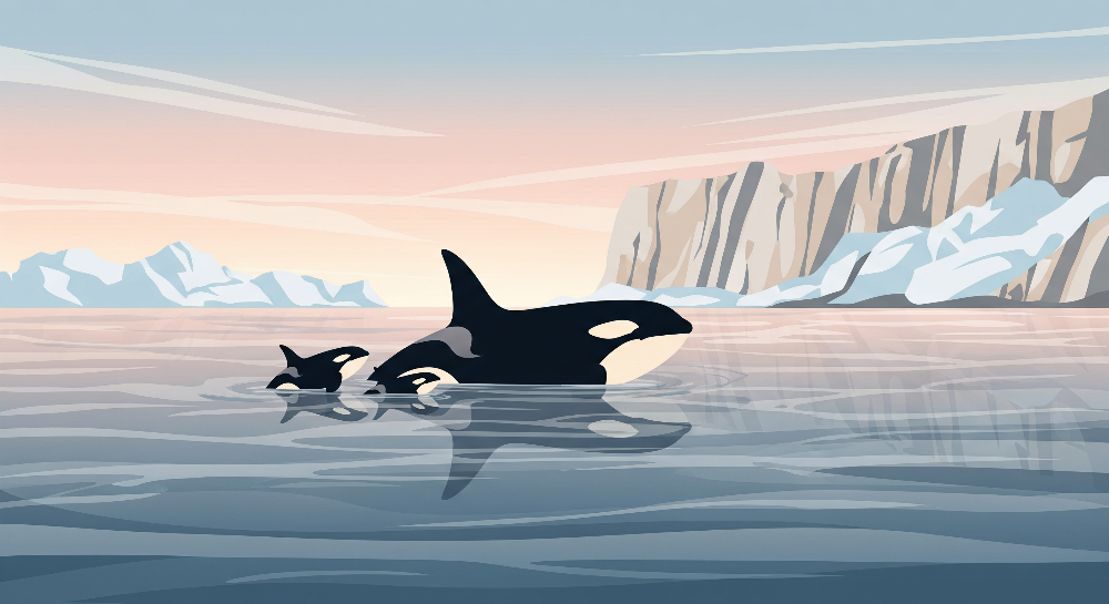 Orca Family Surfacing at Arctic Dusk Wall Mural