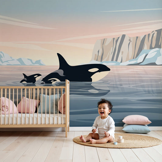 Kids-Mundo orca family wall mural glowing softly in a calm pastel baby nursery corner
