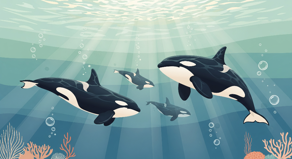Orca Family Swimming Together Wall Mural