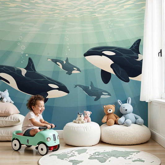 Kids-Mundo orca family wall mural styled behind a cot in a soft teal nursery