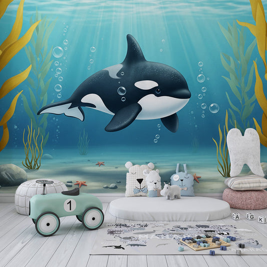 Kids-Mundo orca and kelp forest mural covering a feature wall in a child's bedroom