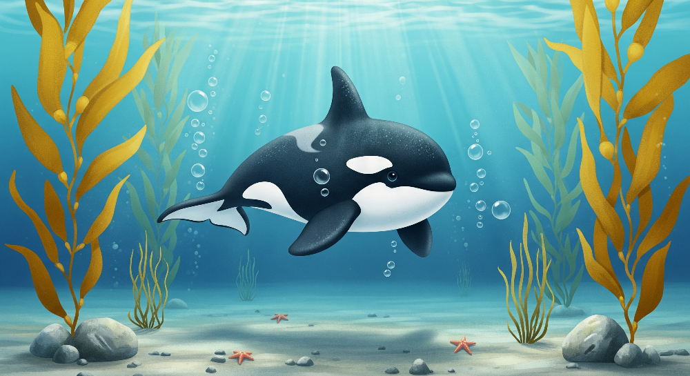 Orca Swimming Through a Golden Kelp Forest Wall Mural
