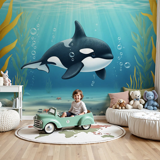 Kids-Mundo orca kelp forest wall mural styled behind a cot in a calm blue nursery