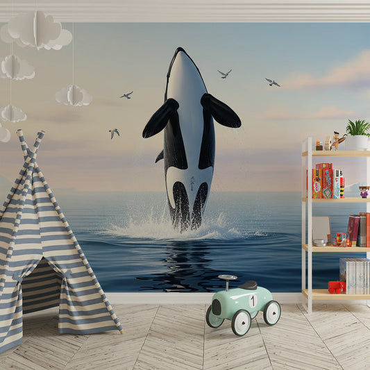Kids-Mundo leaping orca and icebergs mural covering a feature wall in a kids' bedroom