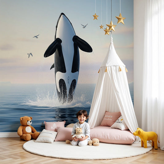 Kids-Mundo orca leaping wall mural styled behind a cot in a soft pastel nursery