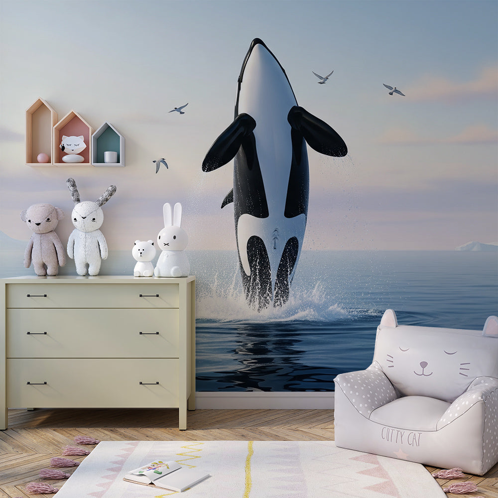 Kids-Mundo orca leaping wall mural bringing a dramatic Arctic scene to a playroom