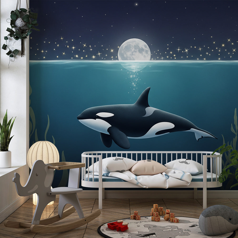 Kids-Mundo lone orca wall mural fitted to a kids' bedroom wall for bedtime calm.