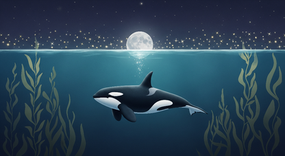 Kids-Mundo flat artwork of a lone orca swimming beneath a full moon and stars.