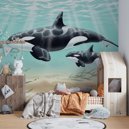 Kids-Mundo orca wall mural bringing a mother and calf ocean scene to a kids bedroom.