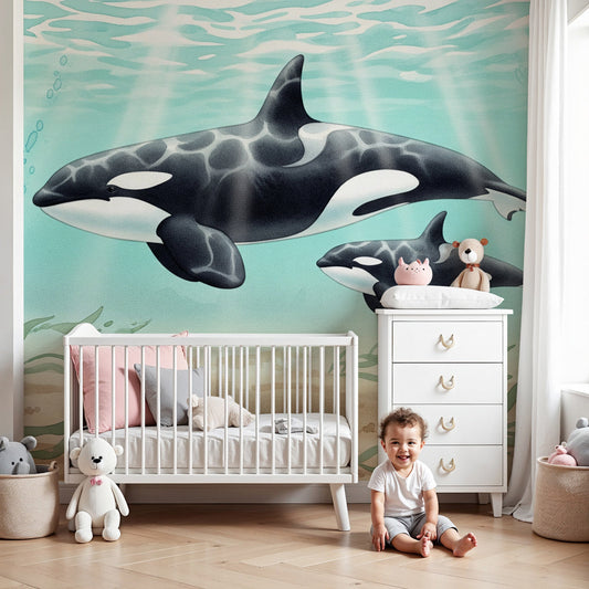 Orca mother and calf wall mural by Kids-Mundo styled in a calm, sunlit blue nursery.