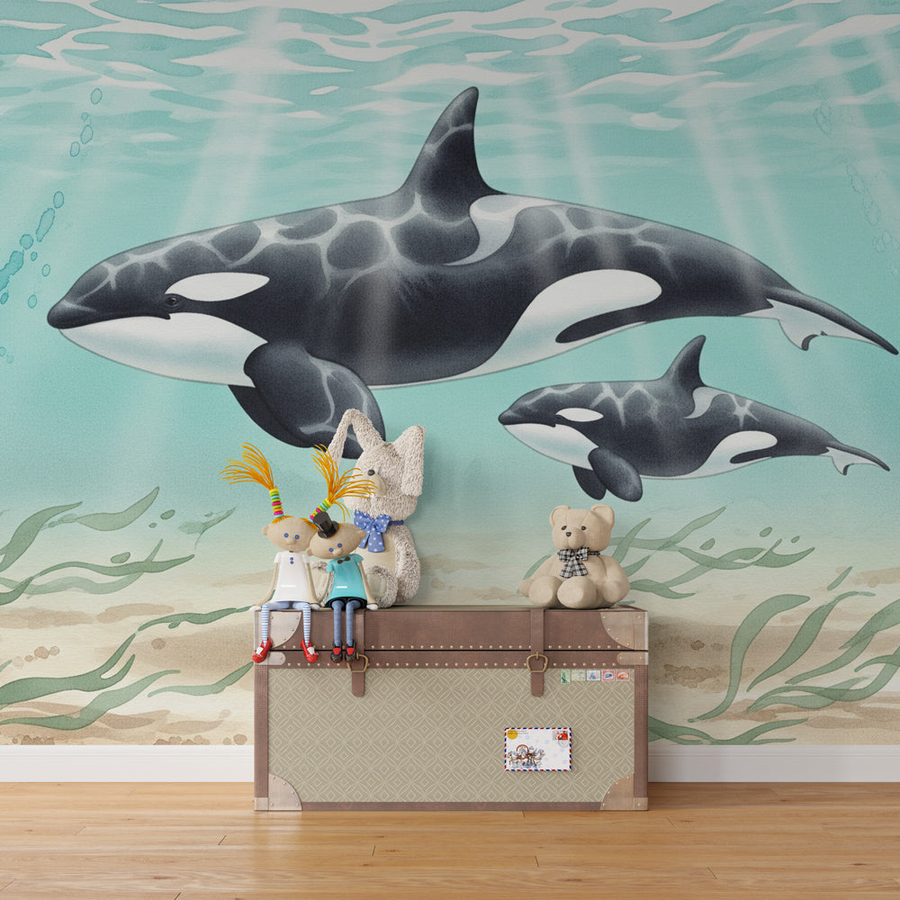 Made-to-measure Kids-Mundo orca wall mural adding a striking ocean scene to a playroom wall.