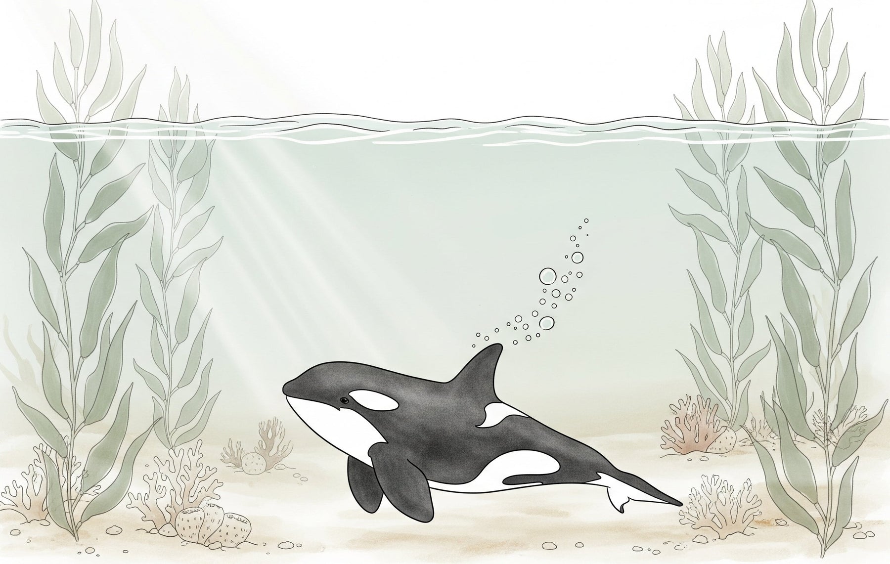 Detailed orca underwater mural wallpaper design pattern with coral and seaweed by Kids-Mundo
