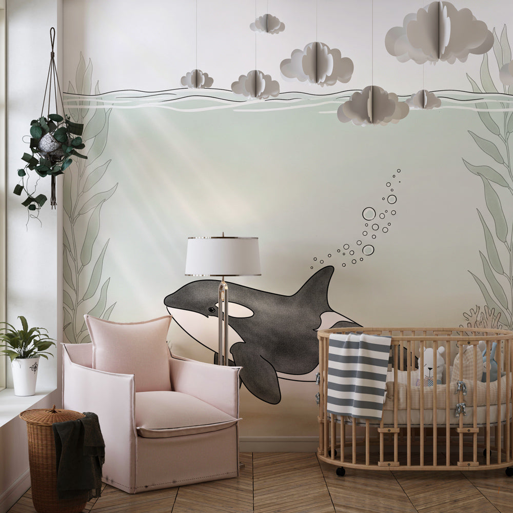Ocean themed orca mural wallpaper transforming modern children's bedroom interior