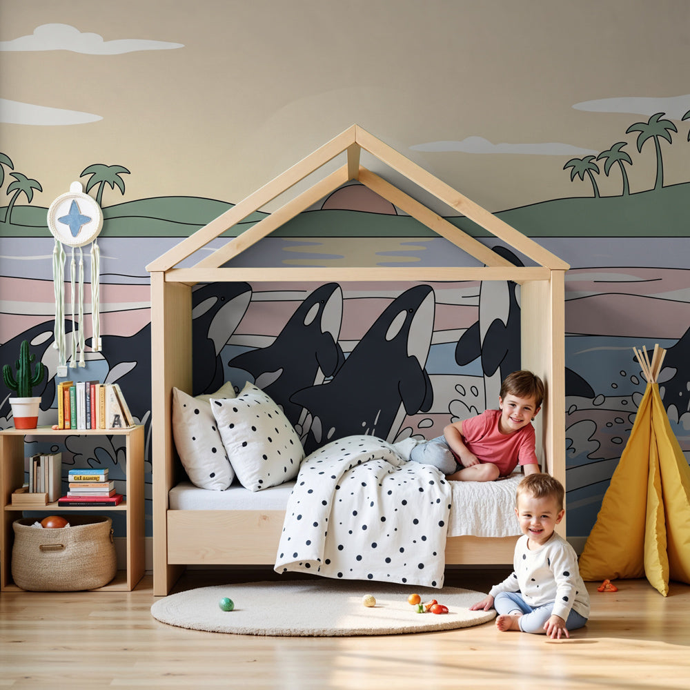 Orca ocean mural wallpaper creating magical marine atmosphere in modern kids bedroom by Kids-Mundo