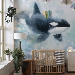 Majestic whale mural wallpaper in modern kids bedroom with ocean theme