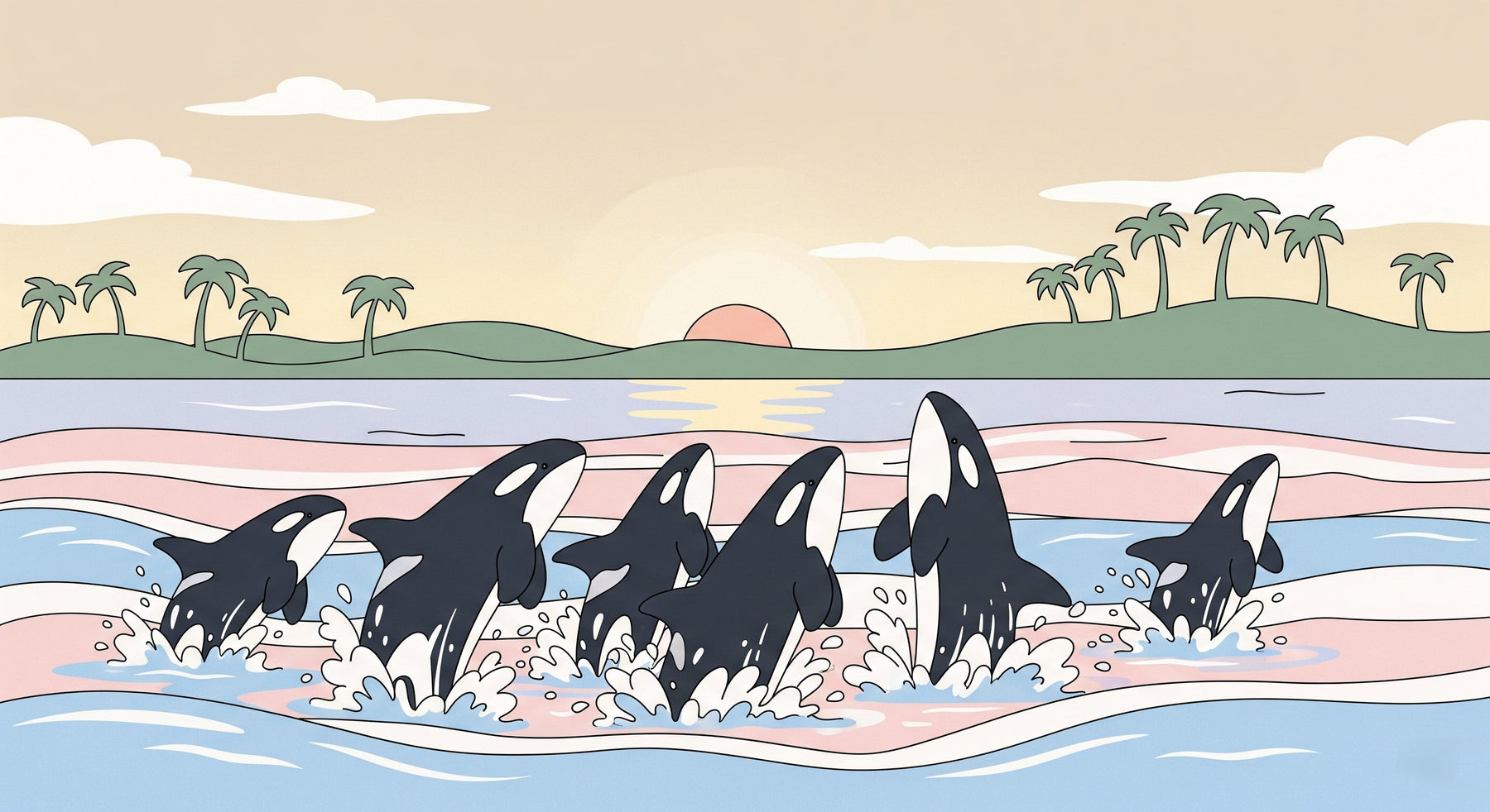 Detailed orca ocean mural wallpaper design pattern showing whales and tropical sunset by Kids-Mundo