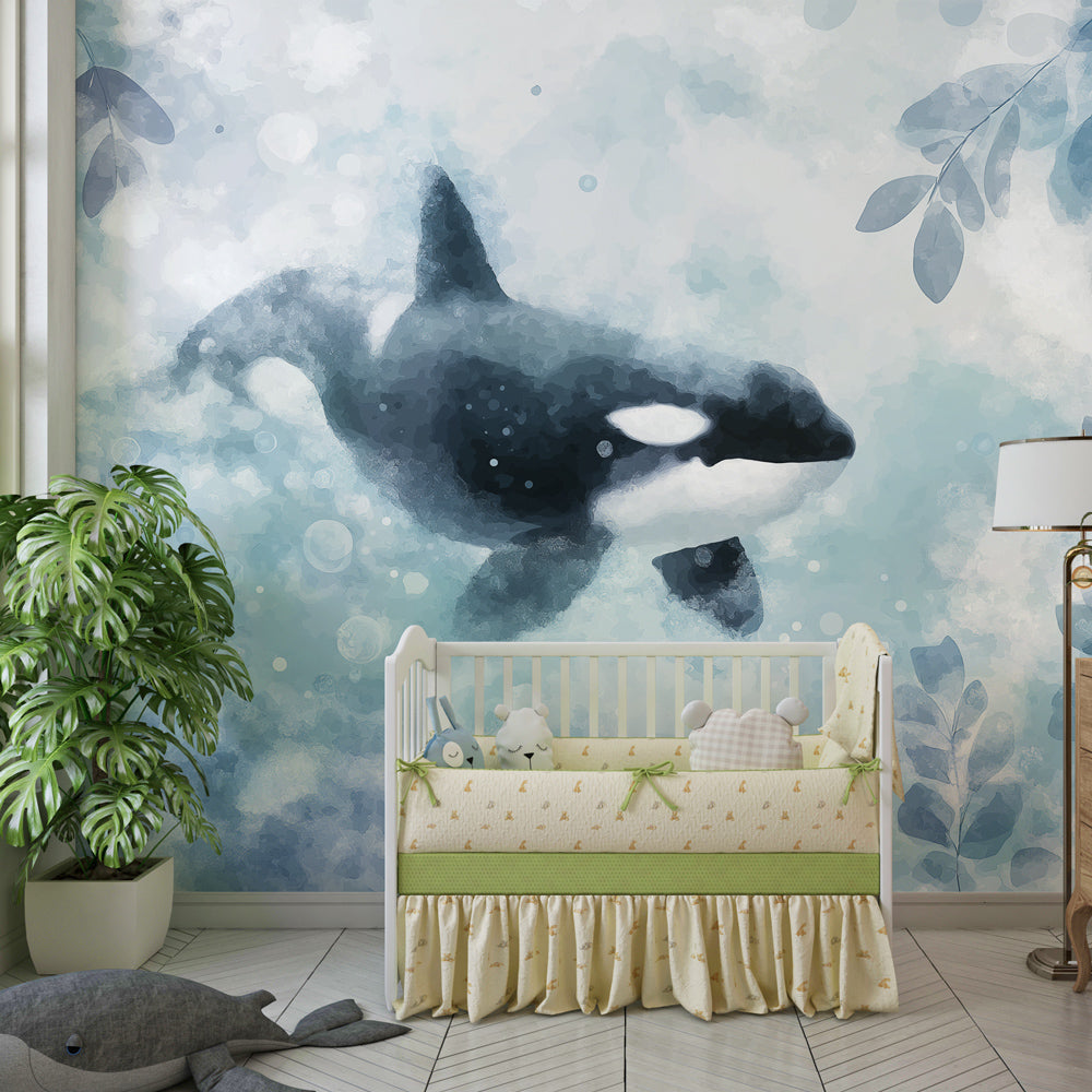 Ocean-themed mural wallpaper featuring orca whale in children's playroom setting