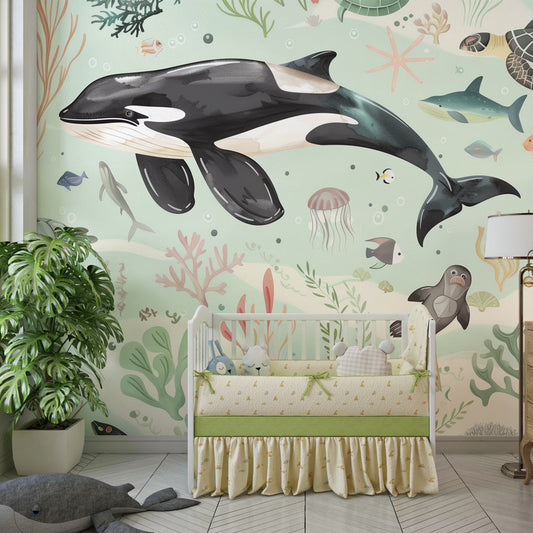 Kids-Mundo ocean wall mural with orca and turtles featured on a kids bedroom wall