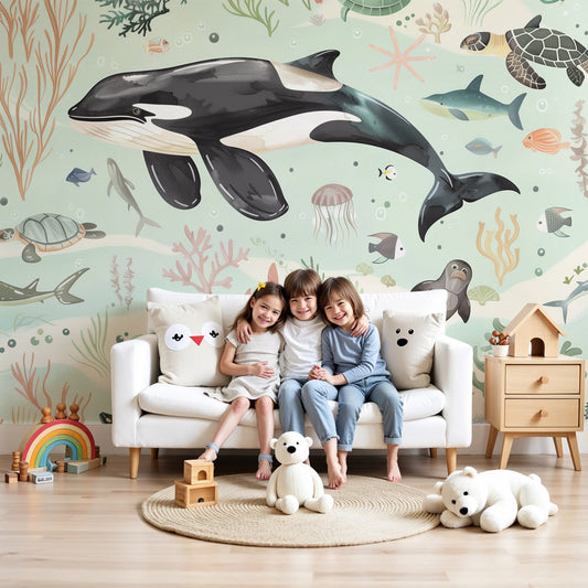 Kids-Mundo orca and sea turtle ocean wall mural styled in a soft sage nursery