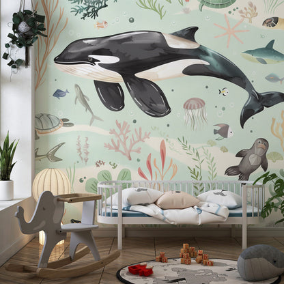 Kids-Mundo underwater orca wall mural bringing ocean adventure to a children's playroom