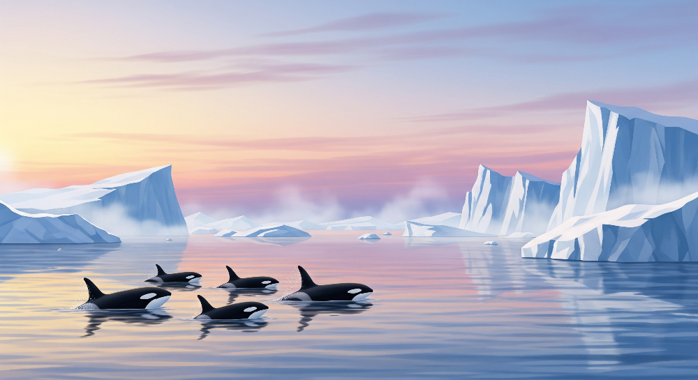Orca Pod Resting Among Icebergs at Dawn Wall Mural