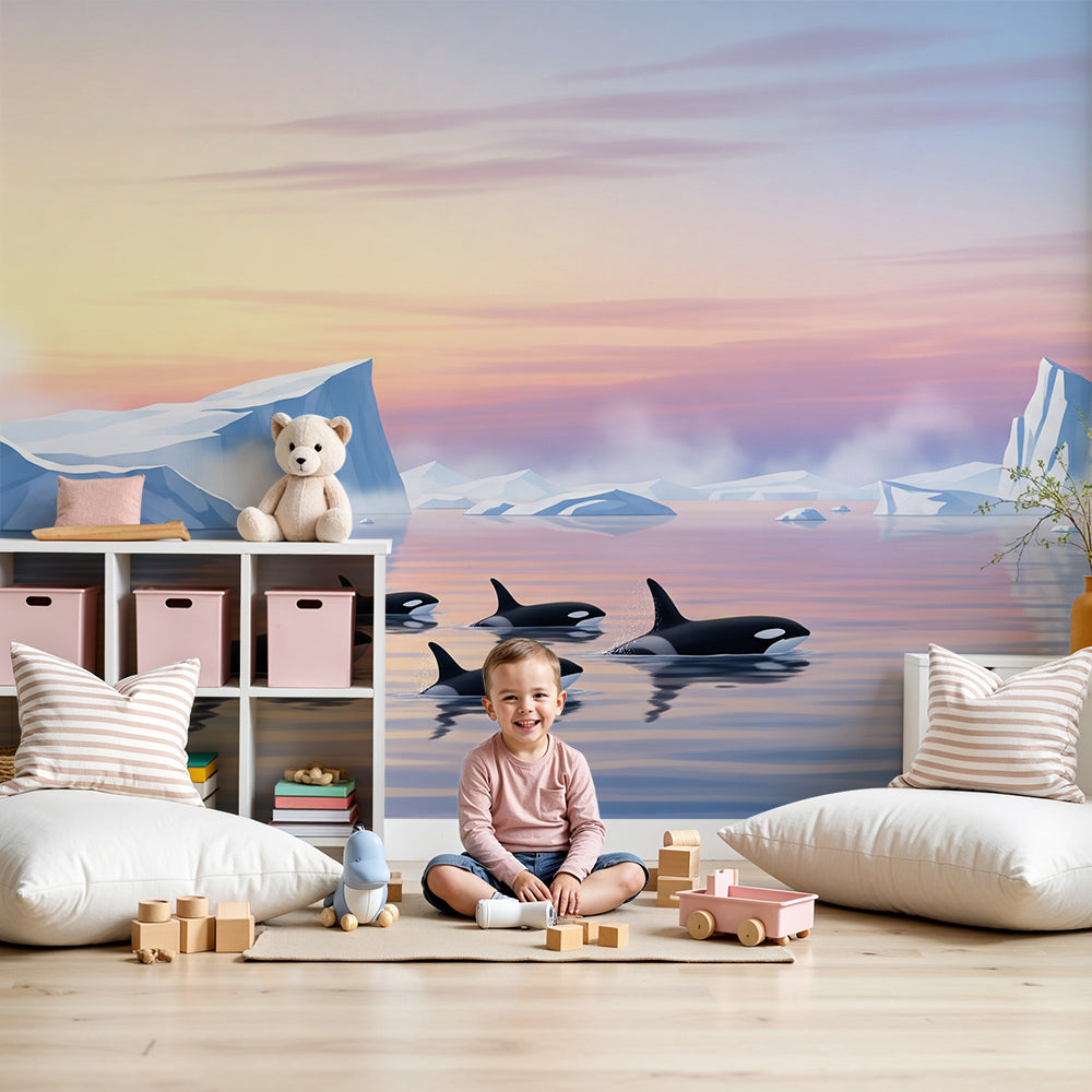 Kids-Mundo orca pod wall mural among icebergs styled in a pastel dawn nursery.