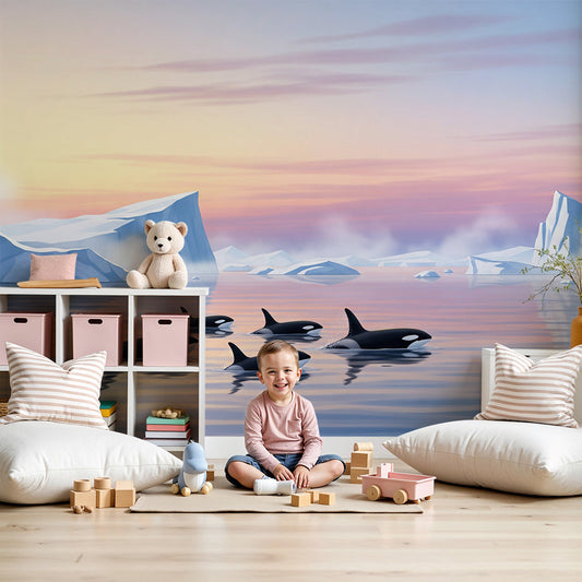 Kids-Mundo orca pod wall mural among icebergs styled in a pastel dawn nursery.