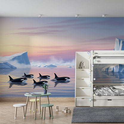 Kids-Mundo dawn iceberg orca wall mural brightening a soft-toned playroom wall.