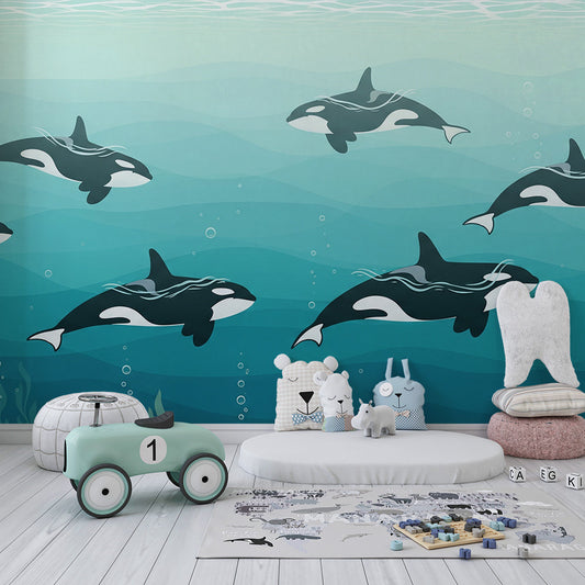 Kids-Mundo made-to-measure orca pod mural fitted to a child's bedroom wall.