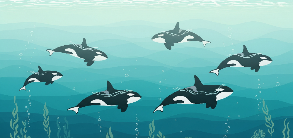 Kids-Mundo flat artwork of a pod of six orcas swimming through calm blue water.