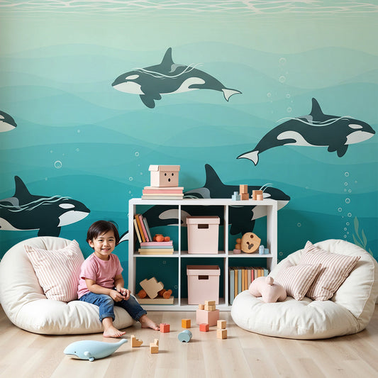 Kids-Mundo orca pod wall mural of six orcas swimming, shown in a calm nursery room.