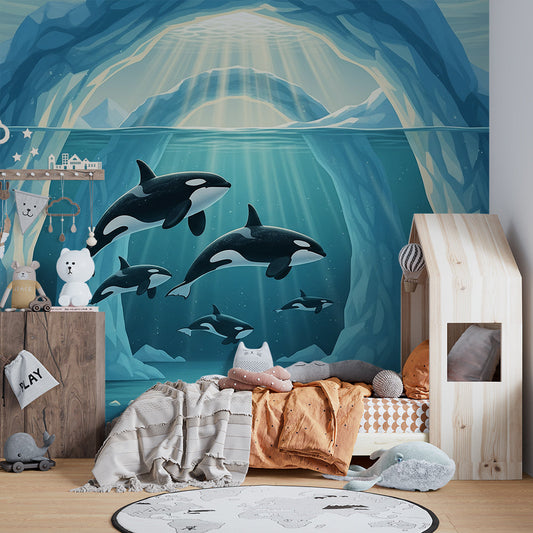 Kids-Mundo orca pod wall mural fitted across a kids' bedroom feature wall.