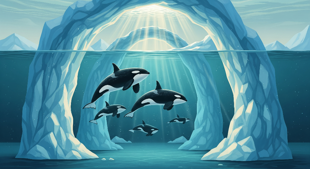 Orca Pod Swimming Through an Icy Sea Arch Wall Mural