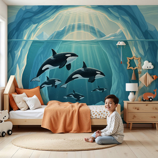 Kids-Mundo ice arch orca wall mural styled in a bright, airy nursery room.