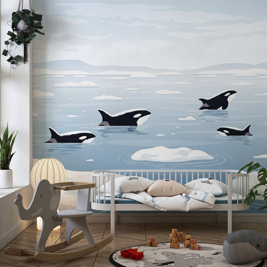 Kids-Mundo orca pod wall mural as a feature wall in a child's arctic-themed bedroom