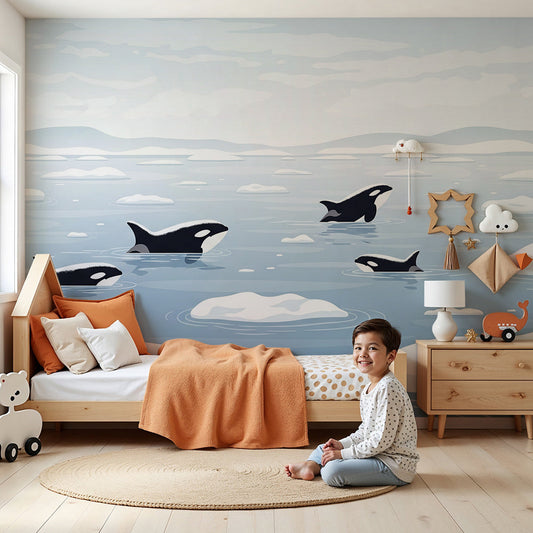 Kids-Mundo orca pod iceberg wall mural in a calm grey and blue baby nursery corner