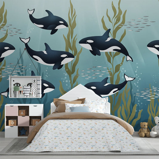 Kids-Mundo orca wall mural installed in a children's bedroom, made-to-measure ocean-themed wallpaper.