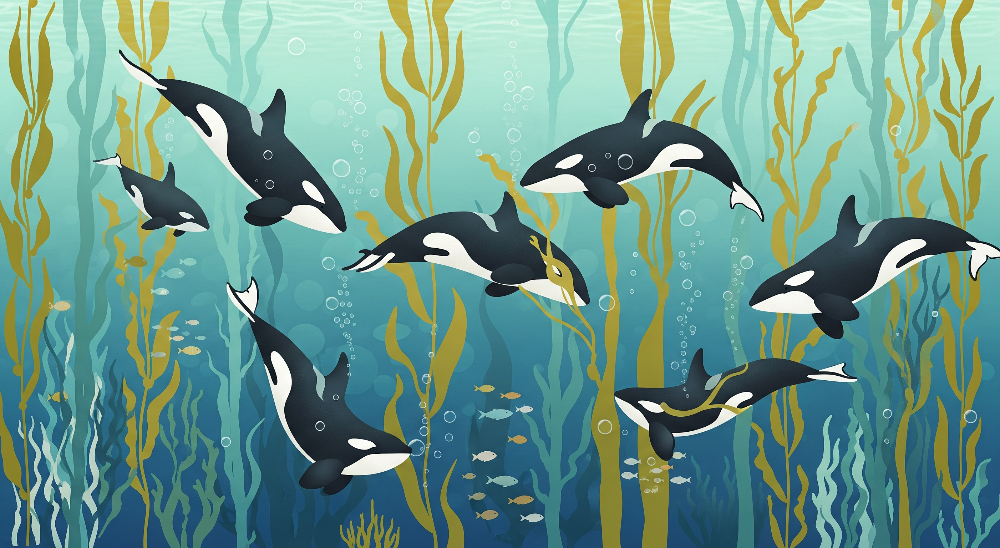 Orca Pod Swimming Through a Kelp Forest Wall Mural