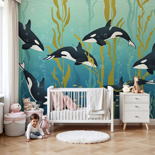 Kids-Mundo kelp forest orca wall mural styled in a warm-toned nursery room.