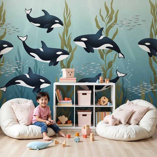 Kids-Mundo orca pod wall mural in a calm nursery, made-to-measure underwater wallpaper behind a cot.