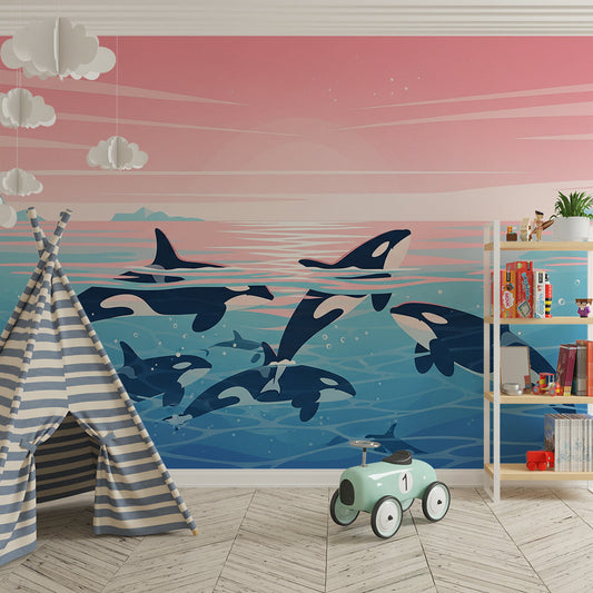 Kids-Mundo orca pod wall mural covering a kids' bedroom wall, pink sunset polar ocean design.