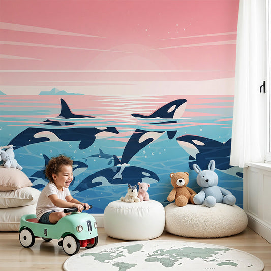 Kids-Mundo orca pod wall mural in a pastel nursery, made-to-measure ocean scene behind a cot.