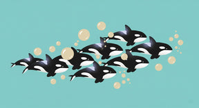 Detailed orca school mural wallpaper design pattern with turquoise background and water bubbles by Kids-Mundo